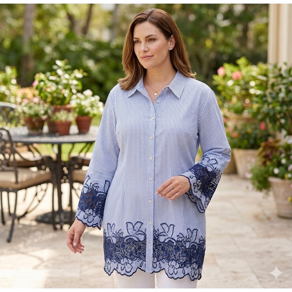 Dennis Basso Womens Embroidered Tunic Plus Size 2X Poplin Navy Striped Classic